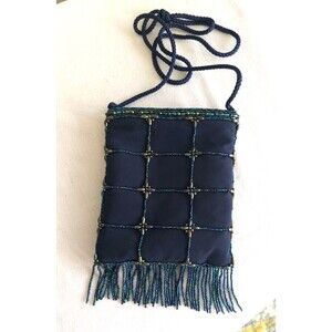 Vintage Micro Beads Blue Peacock Evening cross body bag with fringe Y&S Original